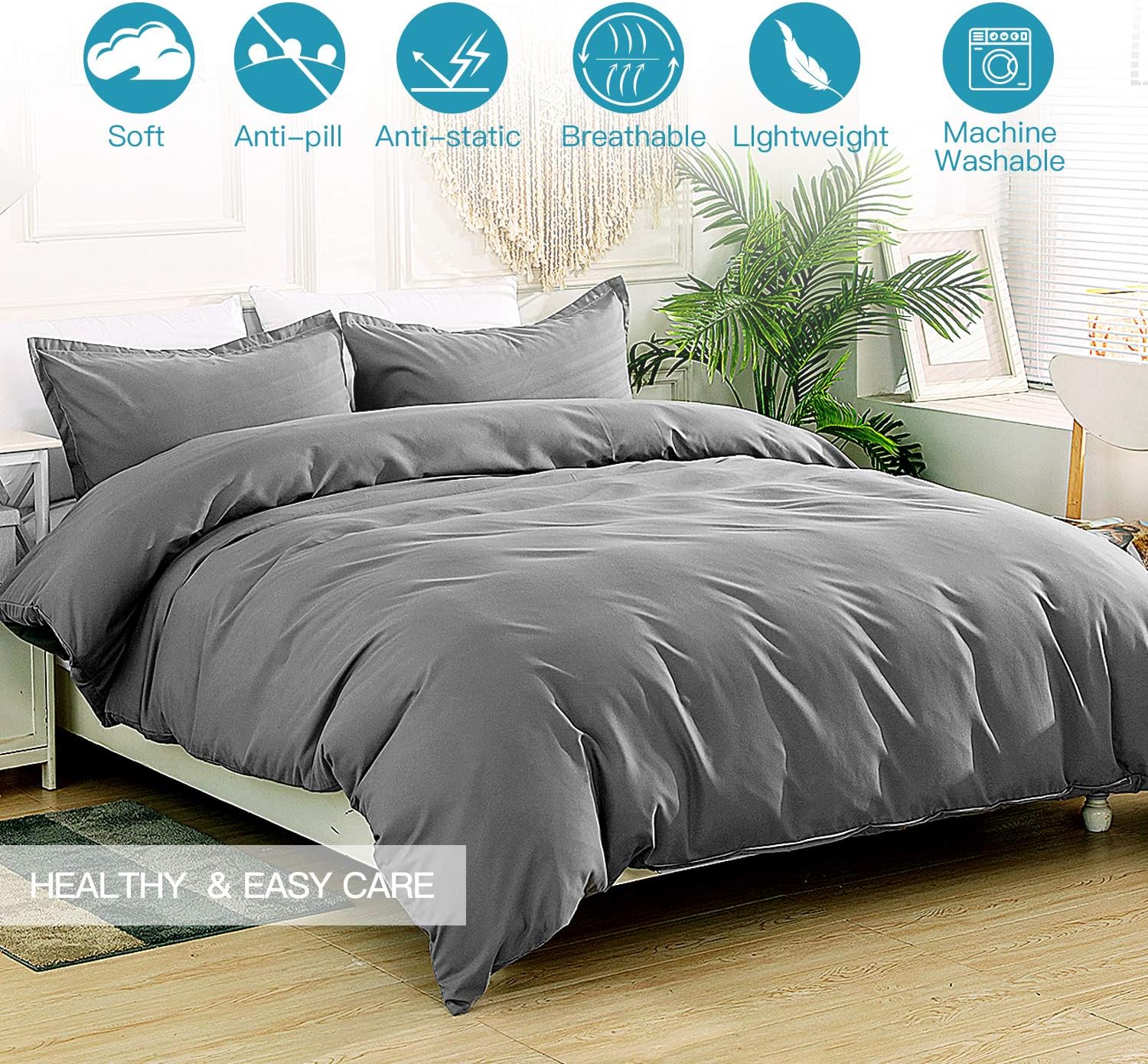 Reindeer 3 Pieces Duvet Cover Queen - Soft Brushed Microfiber Queen Size Comforter Set Breathable Bedding Set with Zipper Closure & Corner Ties, Gray: Home & Kitchen