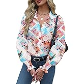 Zeagoo Womens Button Down Shirts Smocked Cuffed Blouses Printed Lantern Shirt Long Sleeve Tops Casual Collar Business Fashion