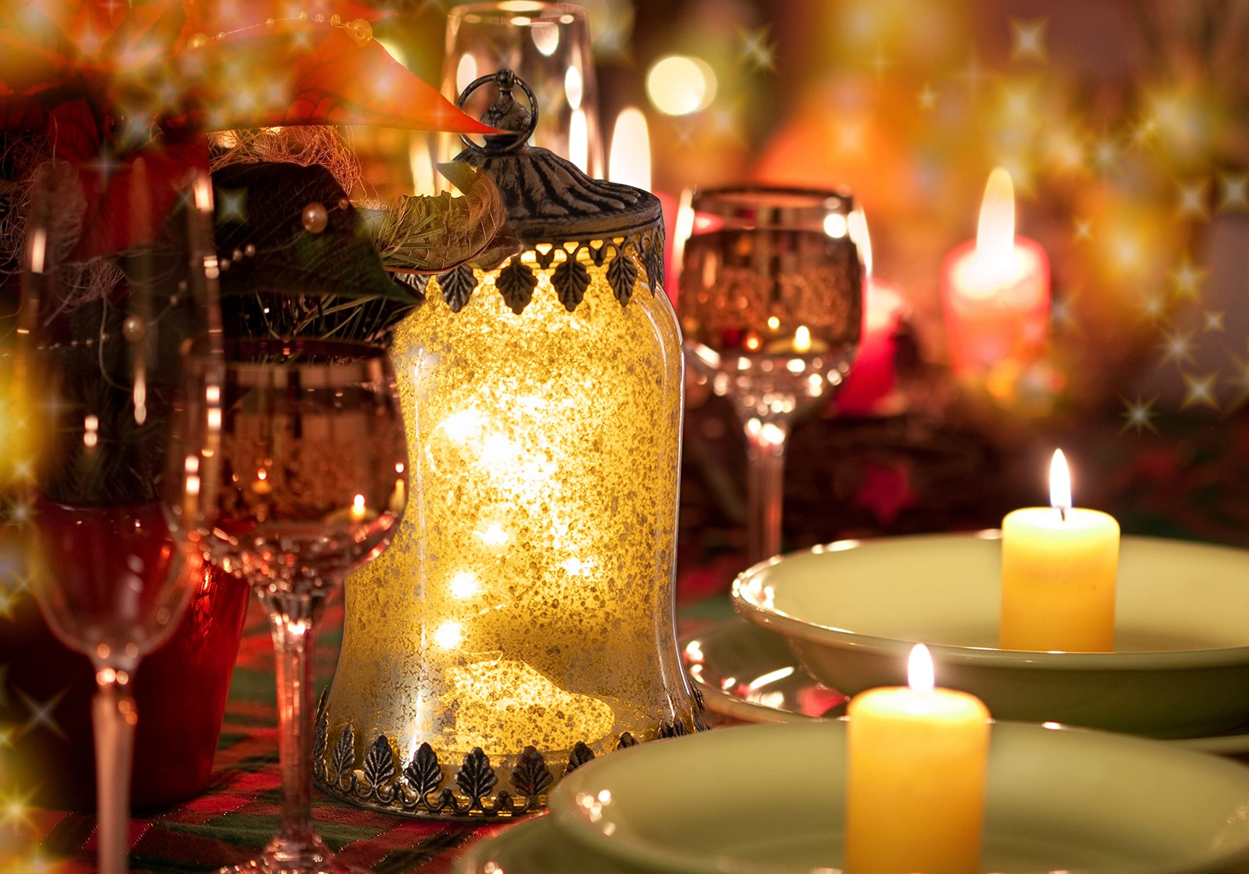 Home&Decorations LED Tea Light Lantern /Tea Light Glass Vase LED - Antique Decorative Vase, Height: 21.5 cm., Glass, Gold