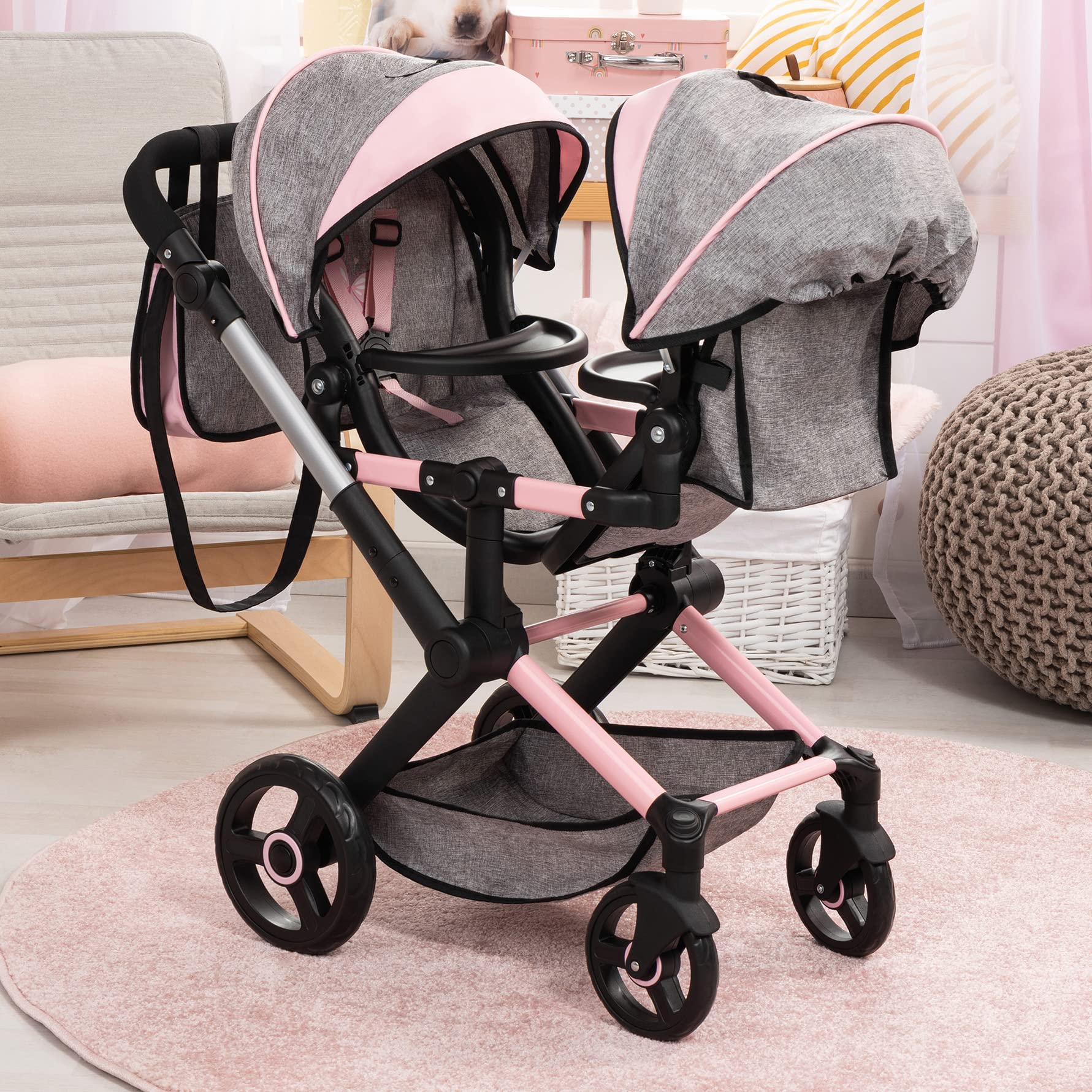 Bayer: Xeo Twin Pram - Butterfly Grey & Pink - Matching Handbag, Adjustable Handle, for Dolls Up to 20