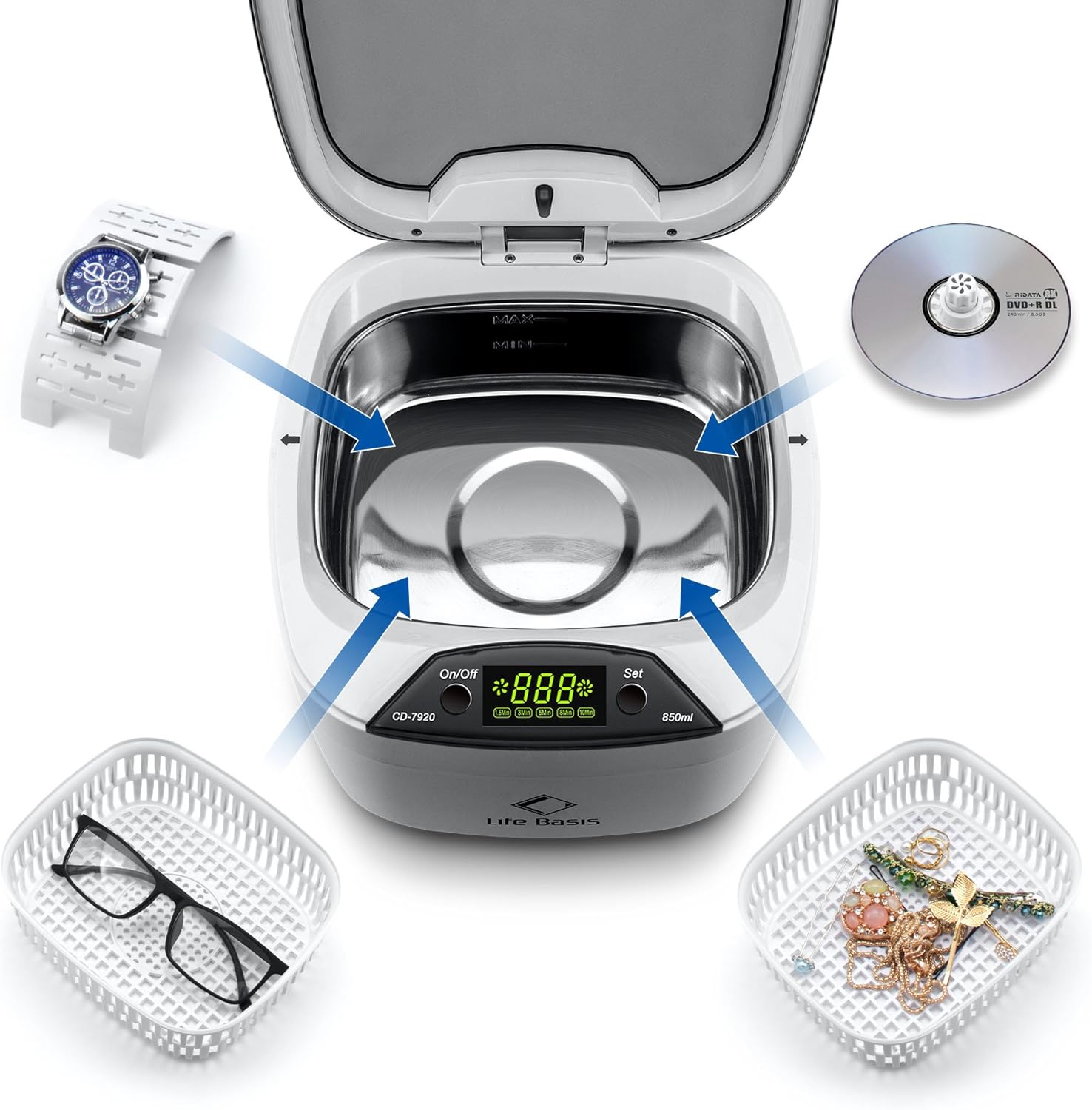 Ultrasonic Cleaner,LifeBasis 850ML Jewellery Cleaner with Basket Watch Stand CD Holder for Jewelry Glasses Watch CD Denture Coin Medal Parts Lab Tools Tattoo Tool Guin-ness Surger Can - Image 4