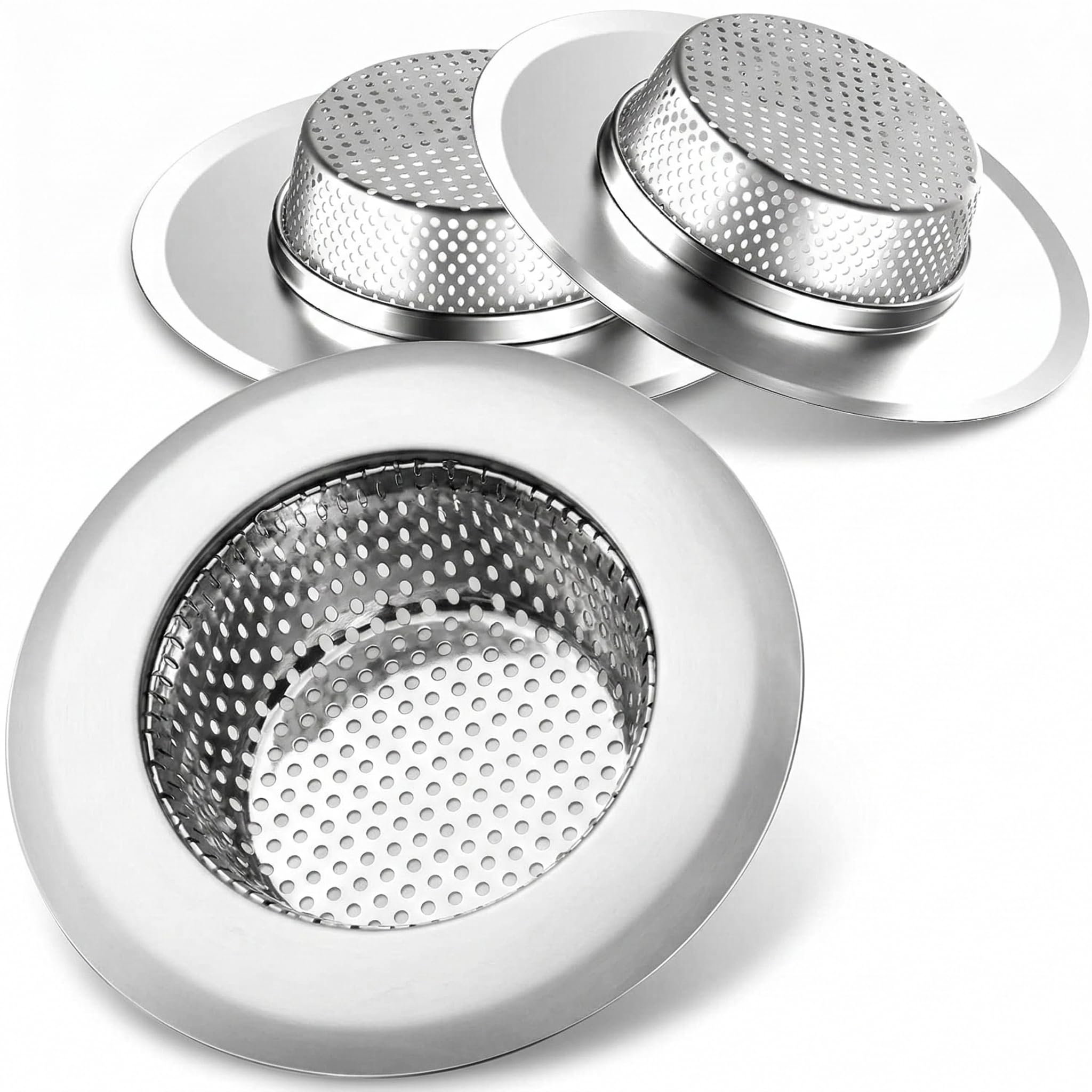 Helect 3-Pack Kitchen Sink Strainer, Stainless Steel Drain Filter with Large 4.5" Wide Rim, Dishwasher Safe, Anti-Clog Perforated Basket for Standard Drains, Garbage Disposals & Utility Tubs