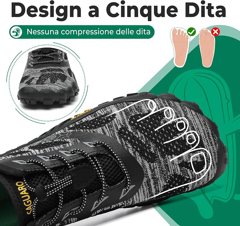Barefoot Shoes Uomo Donna Scarpe Barefoot Minimaliste Traspiranti Scarpe a Piedi Nudi Leggere Scarpette Dita per Trail Running Trekking Palestra Nero Fumo,Gr.42