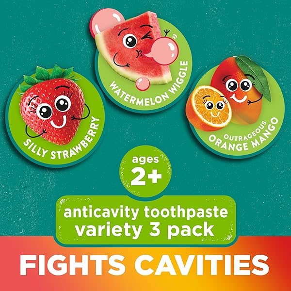 TOM’S OF MAINE ANTICAVITY KIDS NATURAL TOOTHPASTE VARIETY PACK, STRAWBERRY, ORANGE MANGO, WATERMELON FLAVORS, KIDS TOOTHPASTE WITH FLUORIDE, SAFE FOR AGES 2 AND UP, 5.1 OZ (PACK OF 3)