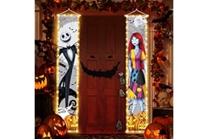 TIVEE Jack Sally Lighted Banners Porch Signs Halloween Decor Christmas Nightmare Hanging Banner Halloween Decorations Outdoor Horror Poster for Indoor Before Party Wall Art Wallpaper Lights