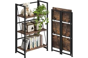 4NM No-Assembly Folding Bookshelf Storage Shelves 3 Tiers Vintage Bookcase Standing Racks Study Organizer Home Office (Rustic Brown and Black)