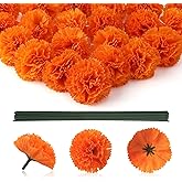 Marigold Flowers, Marigolds Artificial Flowers, 30Pcs Silk Marigold Flower Heads Bulk with Stems, Orange Flower for Day of The Dead Diwali Dia De Los Muertos Halloween Decorations DIY Wreath Garland