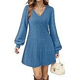 VAFOLY Womens V Neck Long Sleeve Cable Knit Fall Dresses Elegant Babydoll Sweater Dress