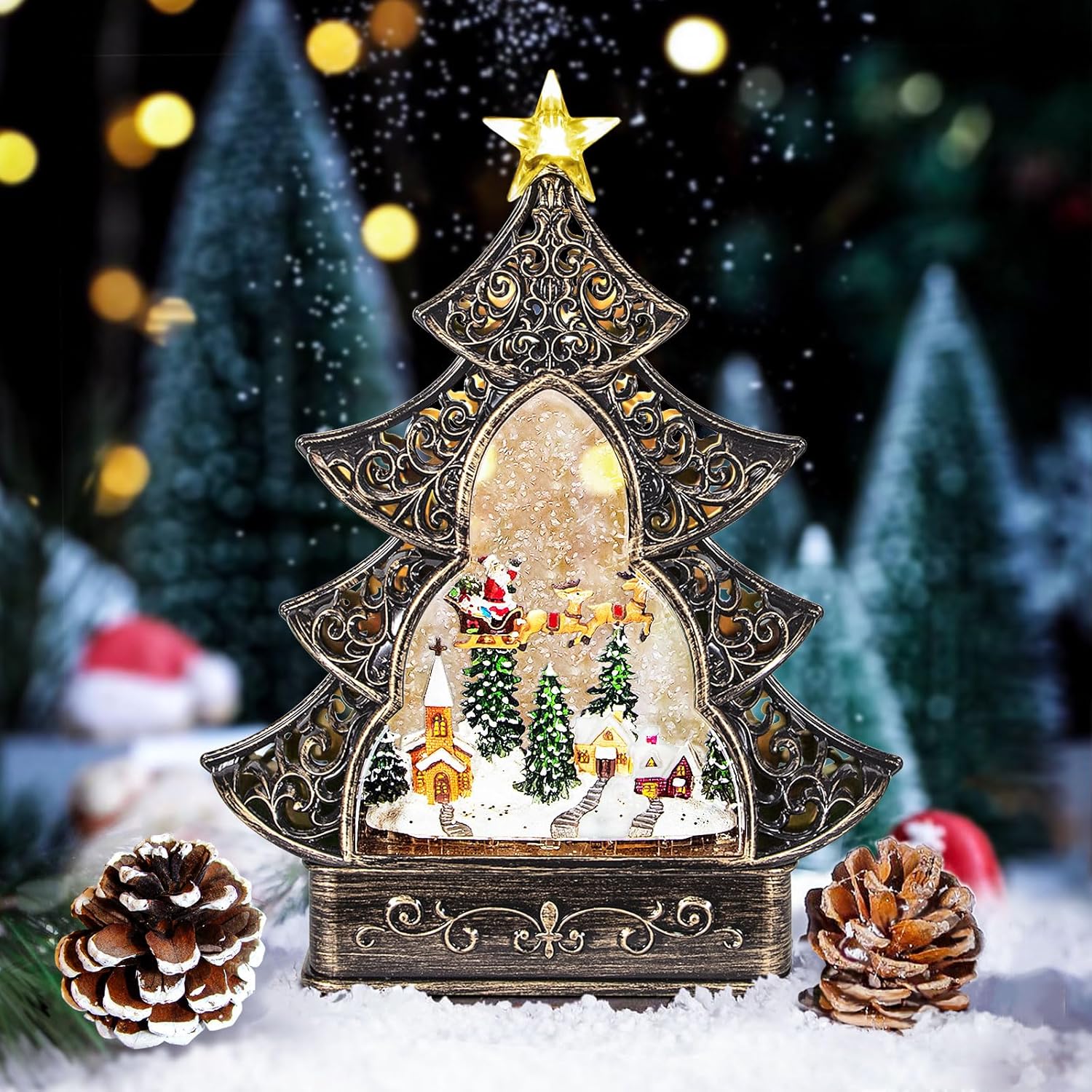 Snow Globes - Christmas Snow Globes Lantern,Glitter Snow Globe with 8 Christmas Music Songs,Xmas Tree Shape Lantern with Xmas Santa Claus Deer and Snow-Covered Landscape for Adult