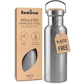 Bambaw Metal Insulated Water Bottle 16 oz, Stainless Steel Water Bottle Insulated, Reusable, Keeps Drinks Cold for 24h Cold &amp; Hot for 12h, With Wide Mouth That Fits Tea Balls (Natural Steel)