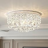 Maxax 4 Lights Crystal Chandelier, Modern Drum Ceiling Light Fixture Lamp, Raindrop Flush Mount Round Metal Shade, for Dining
