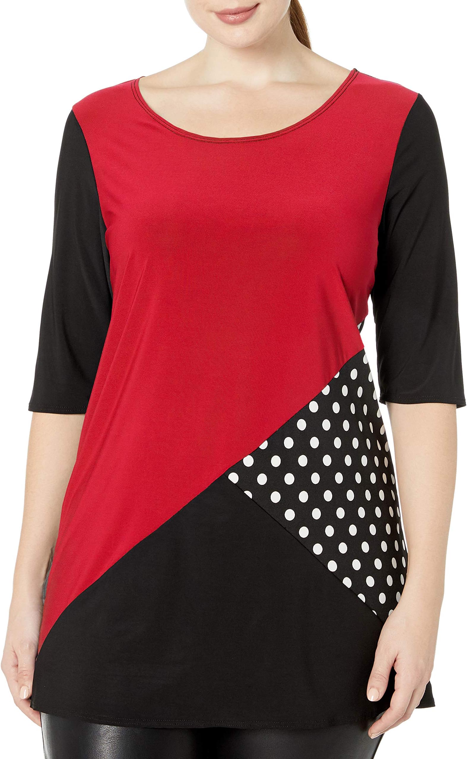 Star VixenWomen's Plus Size 3/4 Sleeve Scoop Neck Tunic-Length Colorblock Ity Knit Top with Polka Dot Inset