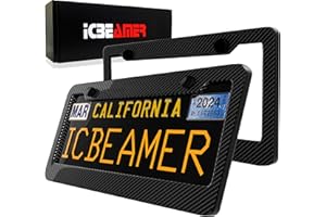 ICBEAMER License Plate Frames- Gloss Real Carbon Fiber Waterproof Black Plastic for Auto Vehicle Truck Van [Pack 2 pcs]