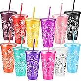 Skylety 12 Pcs Wildflower Plastic Tumblers with Lids and Straw Bulk Gift for Women 24 oz Spring Reusable Iced Coffee Cups Floral Travel Mugs for Easter Bridesmaid Birthday Baby Shower Party Supplies