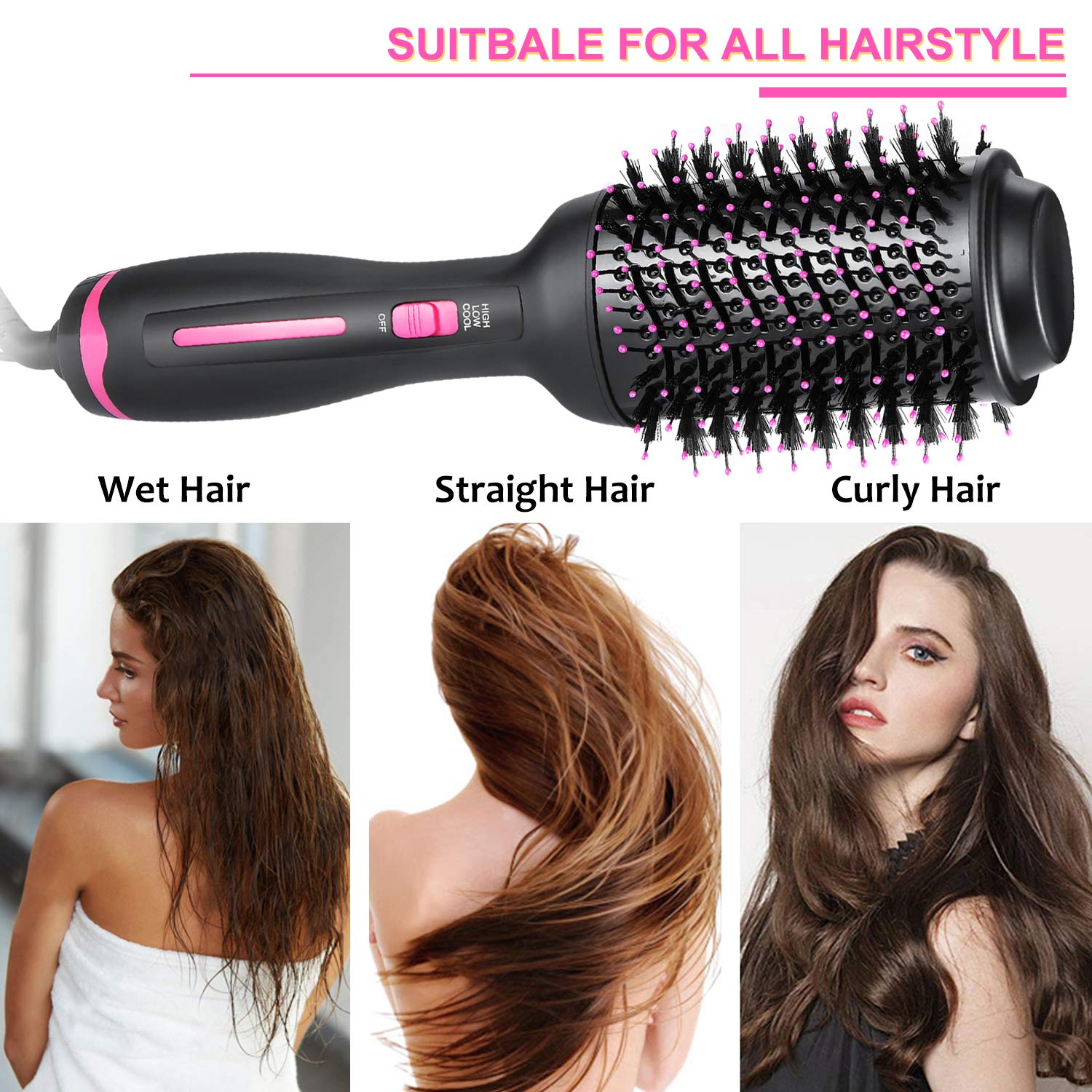 Hair Dryer Brush, Hot Air Brush, Hair Styler for Drying & Straightening & Curling, 3 in 1 Pink Lighter Styler, Hair Dryer & Volumizer : Beauty