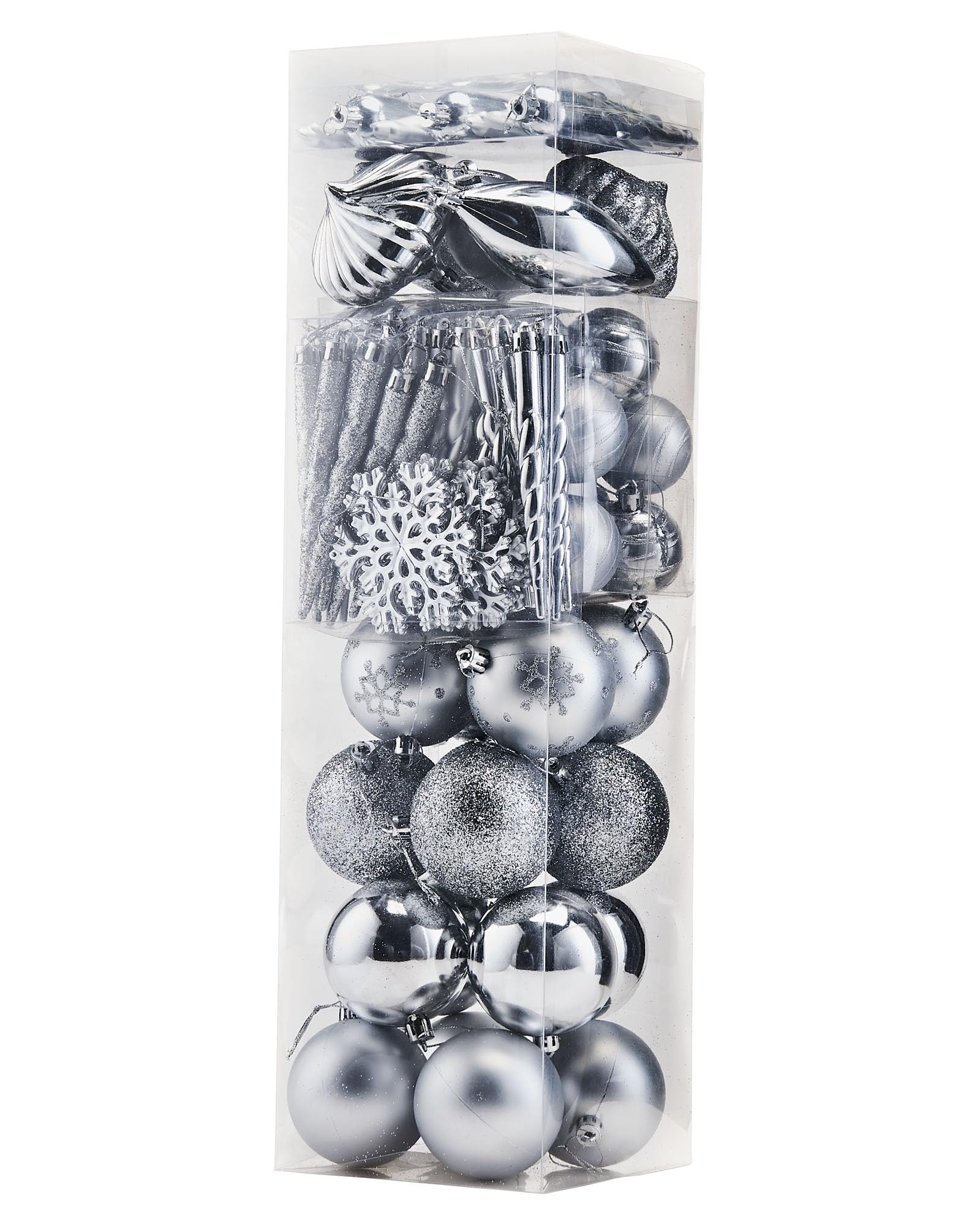 WeRChristmas 72-Piece Shatterproof Deluxe Variety Christmas Tree Baubles Decoration Pack - Silver, Silver
