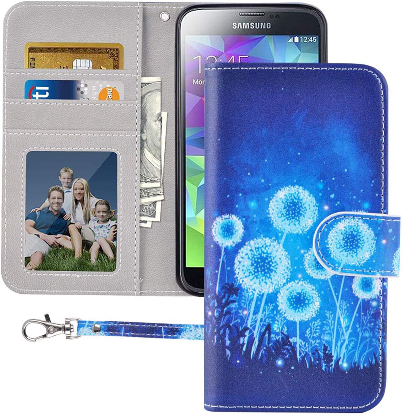 S5 Wallet Case, Galaxy S5 Case, MagicSky Premium PU Leather Flip Folio Case Cover with Wrist Strap,Card Slots, Cash Pocket, Kickstand for Samsung Galaxy S5 (Dandelion)