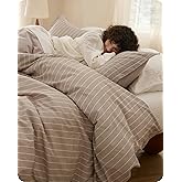 Bedsure Striped Duvet Cover King Size,100% Washed Cotton Duvet Cover Linen Like Textured, Classic Striped Pattern Enhances Bedroom Comfort and Style, Stripes Tan/White, 104"x90"