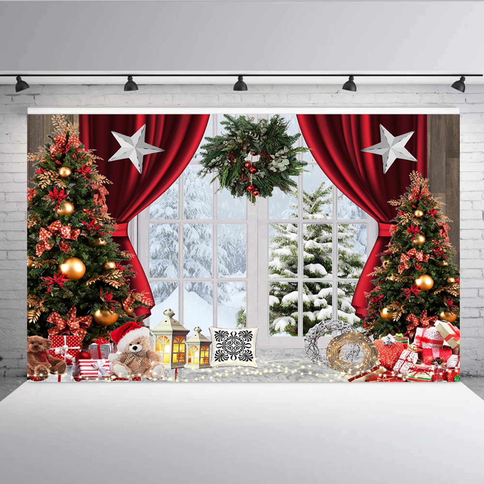 Aisnyho Christmas Backdrop Winter Snow Scene Red Curtain Garland Gifts Tree Xmas Backdrops Background for Photography Family Party Decorations New Year Picture Banner (8x6FT)