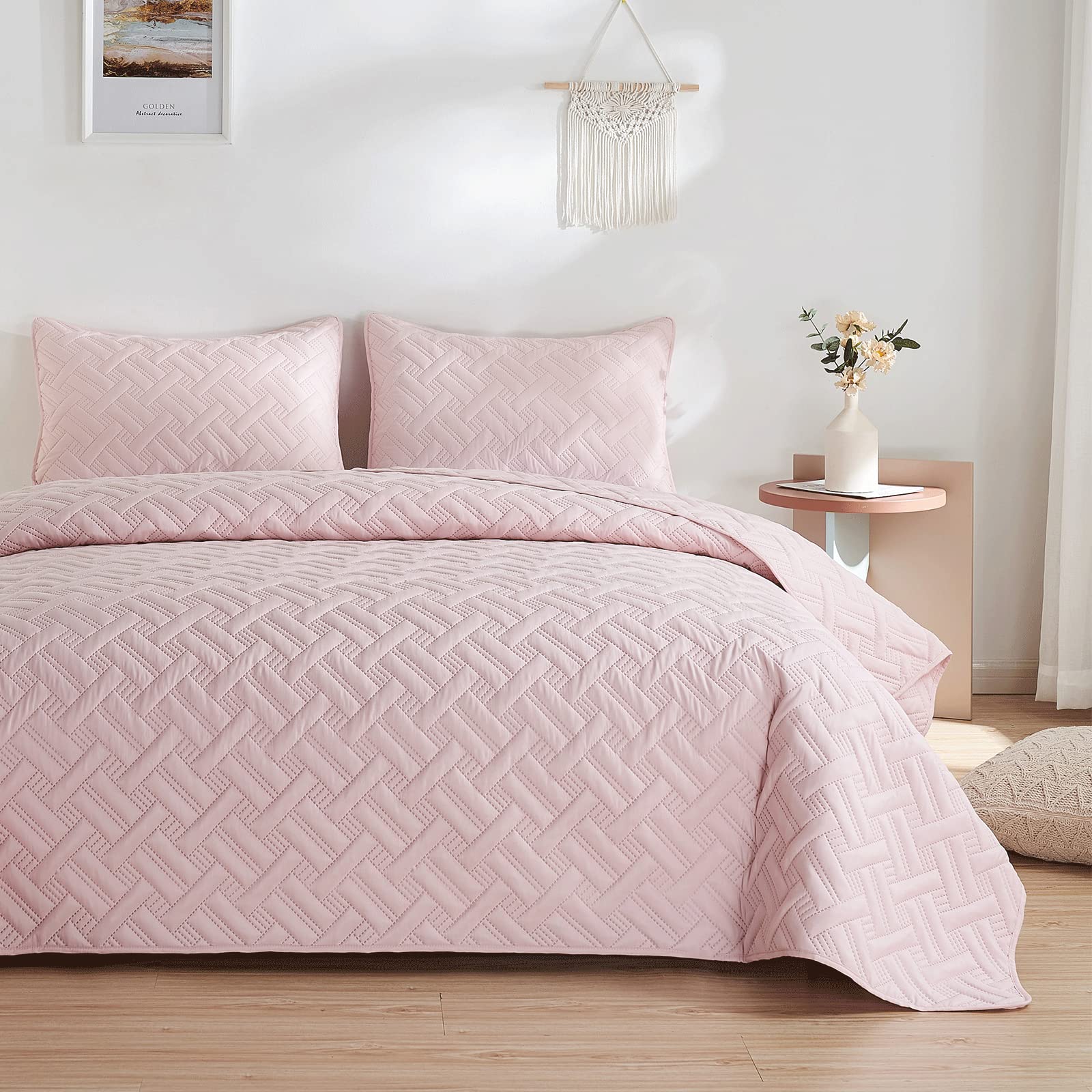 beeweed Quilt Set Double Size 3 Pieces, Lightweight Microfiber Basket Pattern Bedspreads for All Season, Pink Soft Summer Coverlet Set with 2 Pillow Shams (Double 220x240 CM)