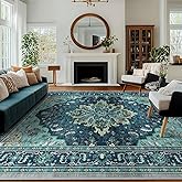 RELEANY Area Rugs 8'x10' Washable Non-Slip, Floral Vintage Distress Print Pattern Medallion Carpet for Living Room Bedroom Dining Room, Teal Green Lake Blue Turquoise