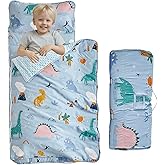 Cotton Toddler Nap Mat with Zipper,Detachable Minky Blanket and Removable Pillow,Soft Slumber Bags for Boys,Kids Sleeping Bag for Daycare Preschool Kindergarten,Dinosaur Toddler Sleeping Mat - Blue