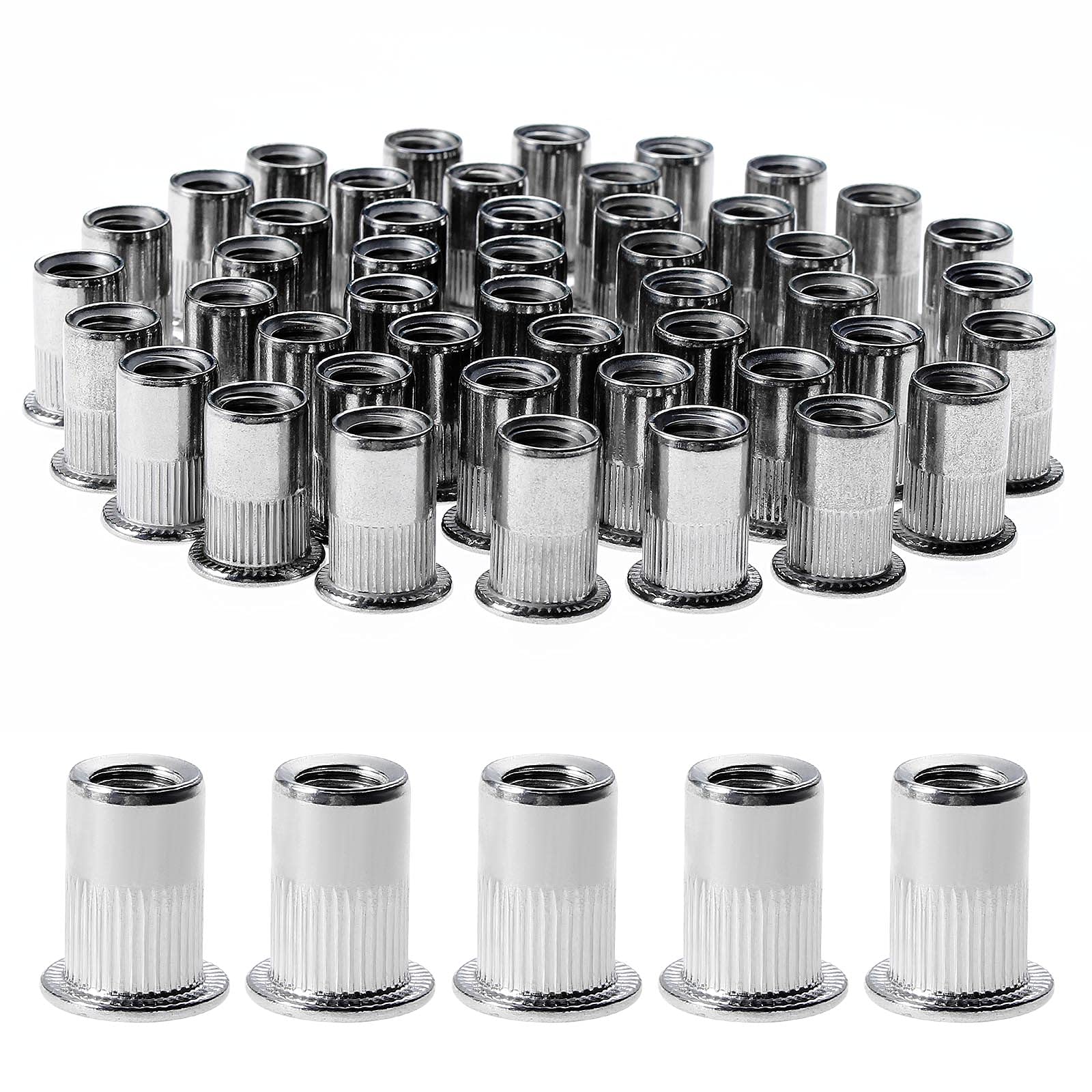 Gueenky 100PCS M8 Rivet Nuts, M8 Nutsert Stainless Steel, Flat Head M8 Threaded Rivets Nutsert for Wood Furniture (14mm x 18mm)