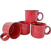 Essential Drinkware 14oz Ceramic Campfire Coffee Mug (Set of 4), Red with Speckled Finish - Durable Thick Walled Camping Style Cup for Outdoors or Home