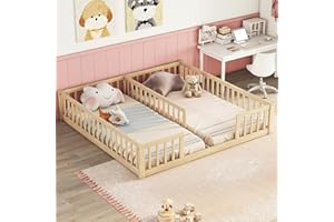 Bellemave Double Floor Bed for Twins,Two Shared Beds,Twin Size Floor Bed for 2 Kids,Double Twin Bed with Guardrails for Girls,Boys,Natural
