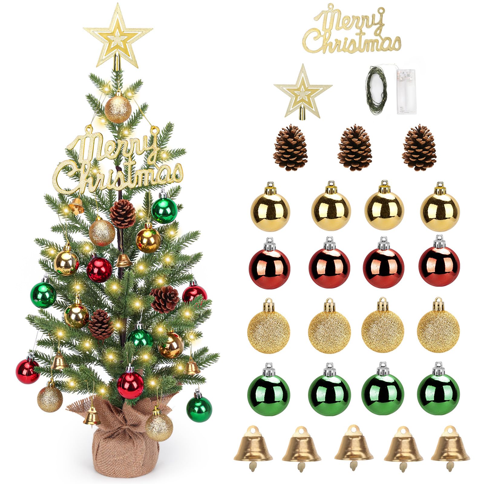 Photo 1 of 2FT Mini Christmas Tree,Tabletop Christmas Tree with 30 LED Lights - Timer & 26 DIY Ornaments,24 Inch Artificial Small Christmas Trees with PE Branch Tips & Base with Burlap,Xmas Decor for Home Indoor