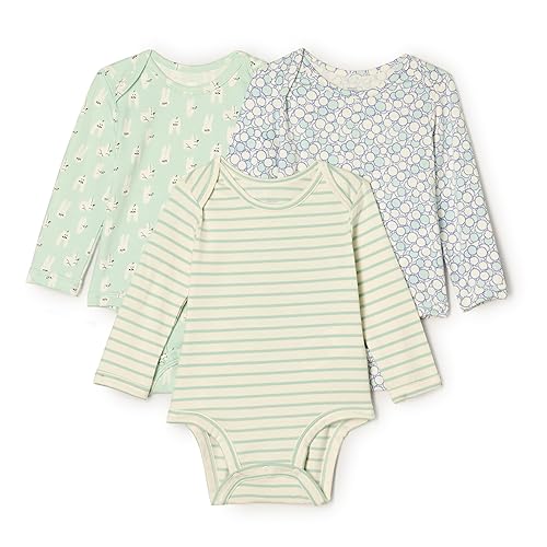 Amazon Essentials x Sofia Grainge Unisex Babies' Long Sleeve Crew Neck Bodysuit, Pack of 3, Rabbits/Round Trees/Stripe, 12 Months