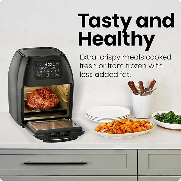 CHEFMAN MULTIFUNCTIONAL DIGITAL AIR FRYER+ ROTISSERIE, DEHYDRATOR, CONVECTION OVEN, 17 TOUCH SCREEN PRESETS FRY, ROAST, DEHYDRATE, BAKE, XL 10L FAMILY SIZE, AUTO SHUTOFF, LARGE EASY-VIEW WINDOW, BLACK