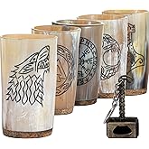 FENRIR Viking Drinking Horn Mug Set of 5 – Gifts for Men, Dad, Husband – Unique Viking Gift – Natural Ox Horn Cup with Thor Bottle Opener – For Beer, Ale, Mead (10 oz/Glass)