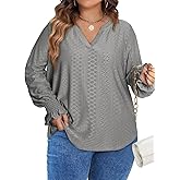 Eytino Plus Size Tops for Women Split V Neck Puff Long Sleeve Casual Loose Blouse Shirts