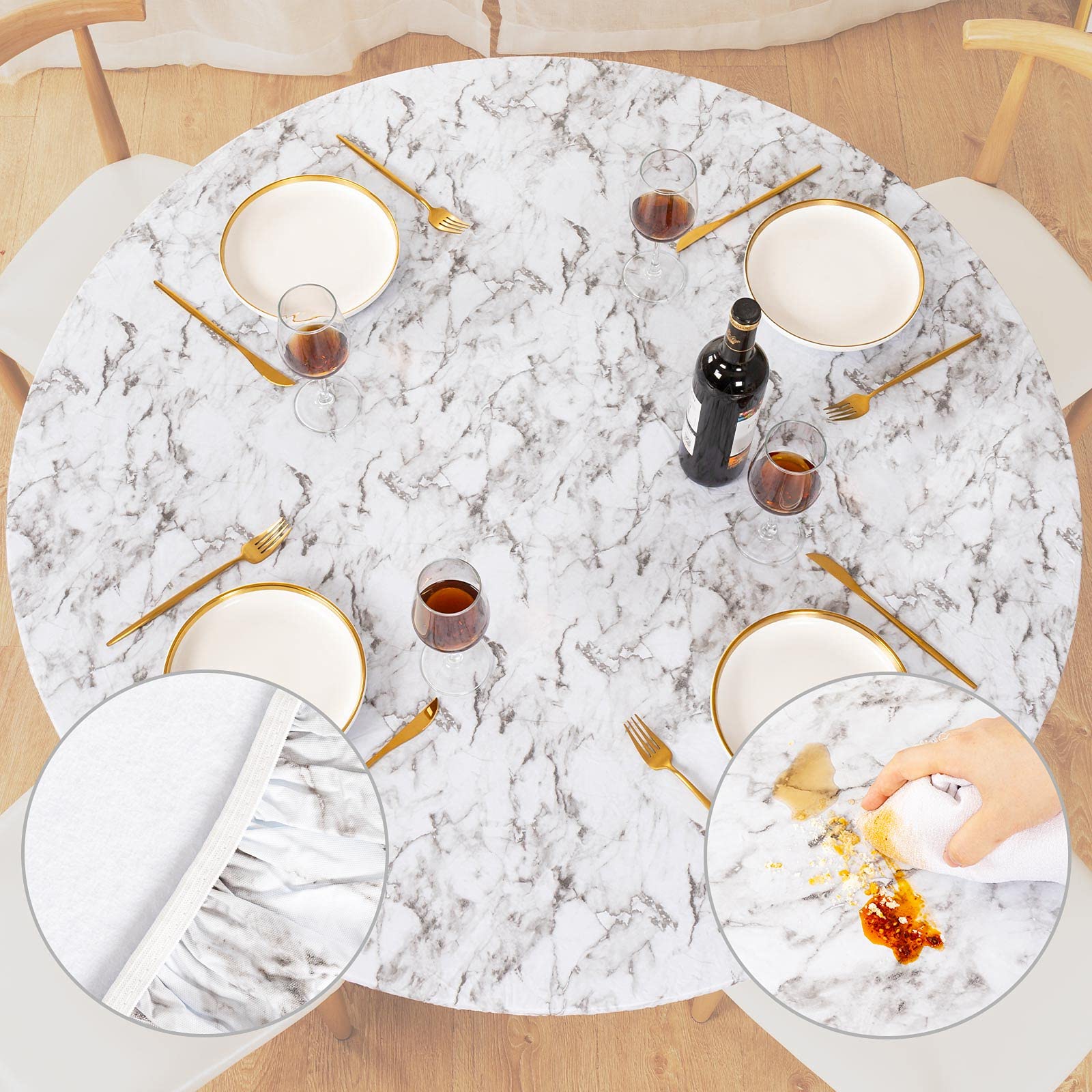 Photo 1 of UMINEUX Round Fitted Vinyl Tablecloth with Elastic Edged & Flannel Backing, Waterproof Wipeable Round Table Cover for Indoor Outdoor Patio Use - Fits Tables up to 40" - 44" Diameter(WhiteMarble)