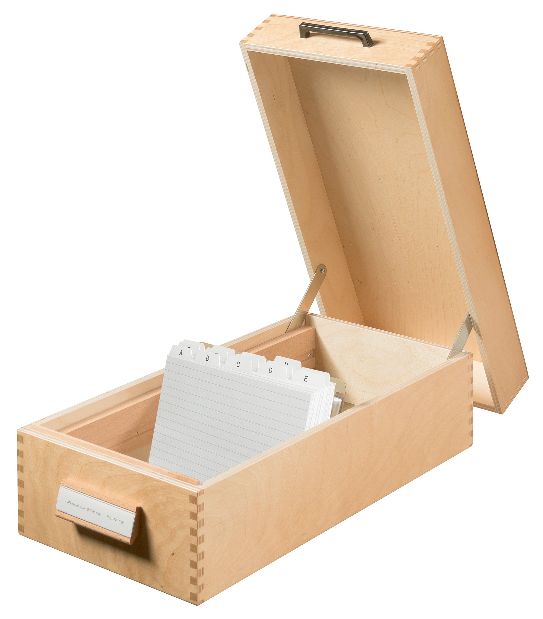 HAN 1006, Wooden card filing box A6 landscape, for 1,500 cards, metal base/support plate, natural wood