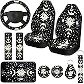 Fiada 10 Pcs Moon Star Car Seat Covers Full Set Car Accessories for Women Front Seat Cover Steering Wheel Armrest Cover Belt Cover Cup Holder for Auto SUV Interior Decoration(Witch)