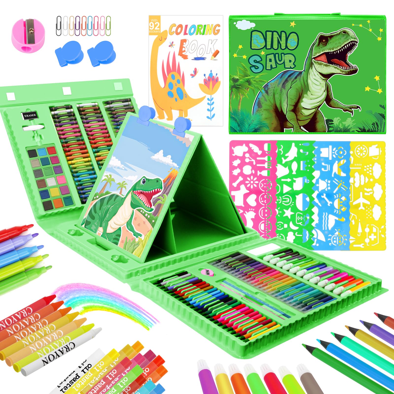 TCJJ 208Pcs Dinosaur Art Set For Kids, boys Drawing Set With dinosaur Coloring Book,Oil Pastels, Crayons, Colored Pencils,Kids Colouring Sets &Art Supplies Set,dinosaur Gifts For boys 3-12 Ages