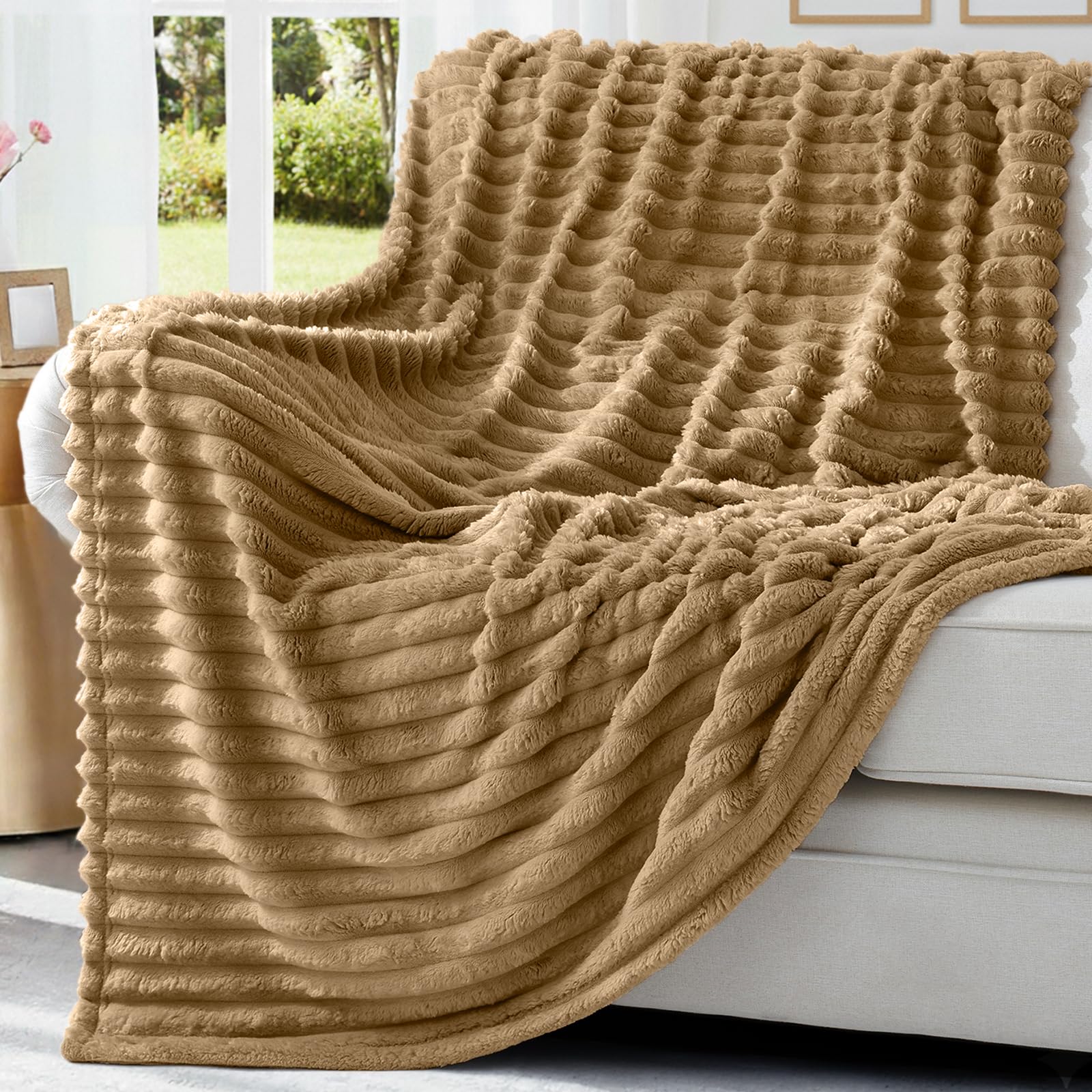 Photo 1 of decorUhome Soft Fleece Brown Throw Blanket for Couch, Cozy Fluffy Plush Flannel Striped Blanket for Sofa Bed, Lightweight Decorative Ribbed Fuzzy Blanket for Woman, 50x60 Inches