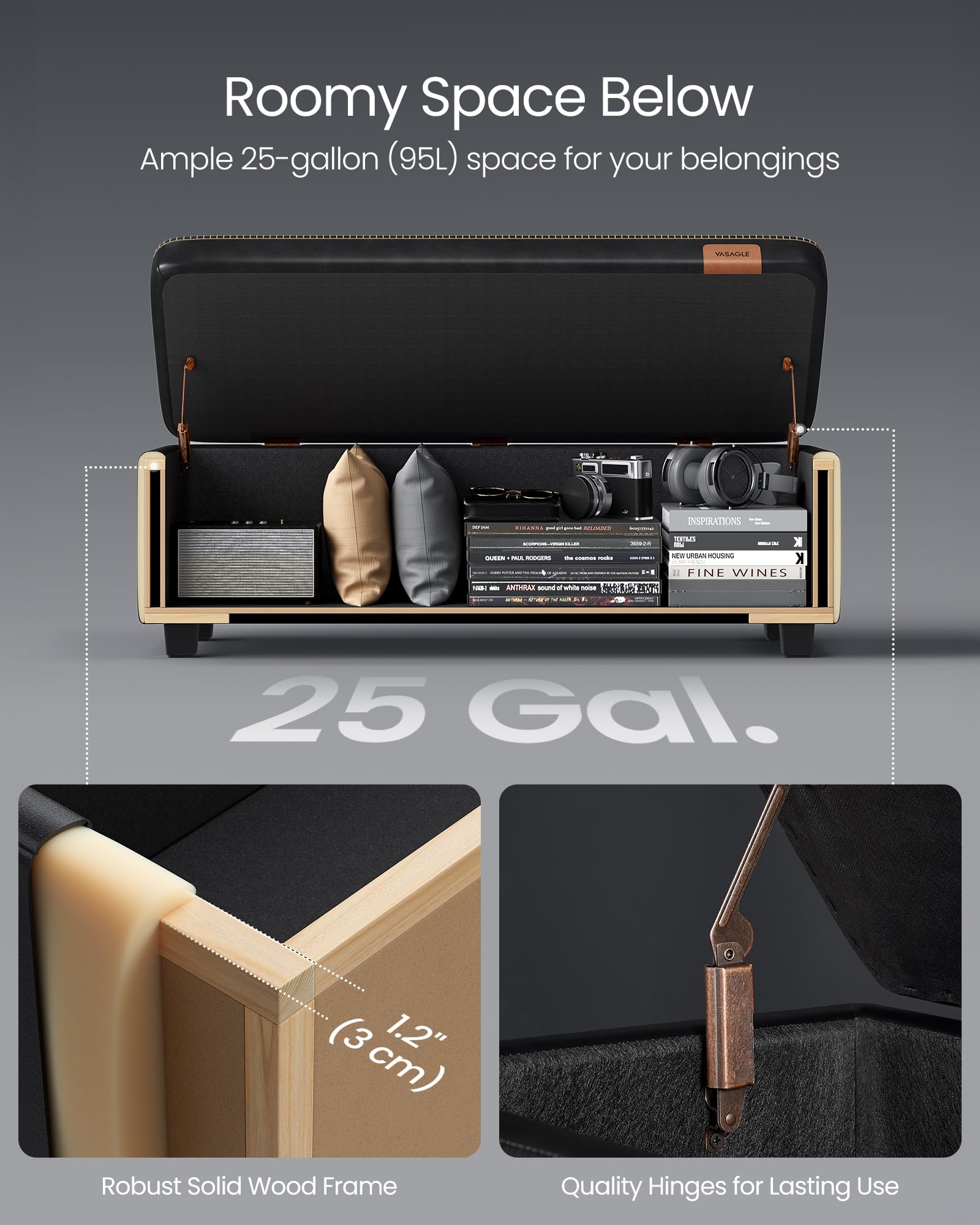 VASAGLE EKHO Collection - Storage Ottoman Bench, Entryway Bedroom Bench, 25 Gallons, Synthetic Leather with Stitching, Mid-Century Modern, Safety Hinges, Loads 660 lb, Ink Black ULOM075B01 - Image 7