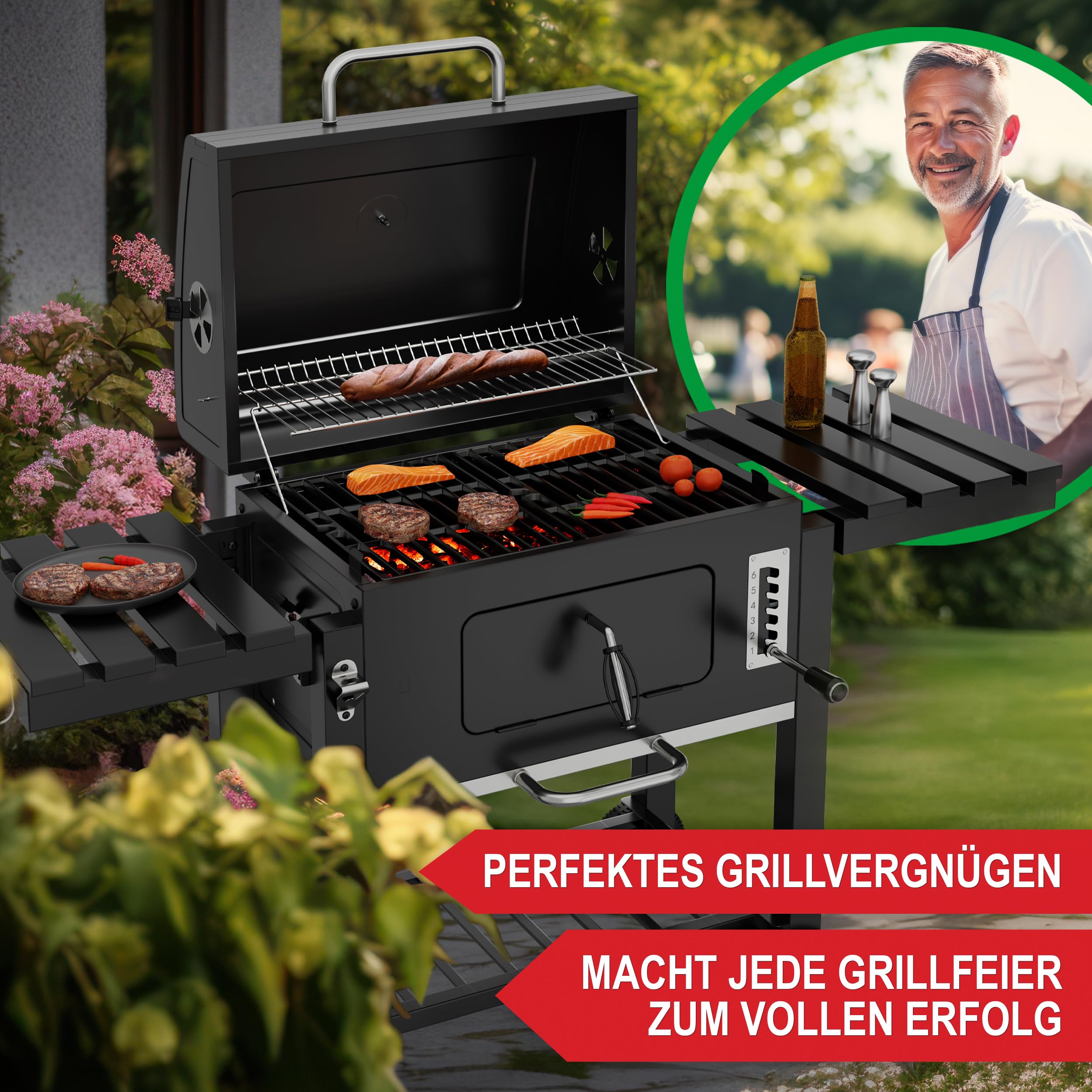 ONBEST Holzkohlegrill mit Grillrost aus Gusseisen – PLUS Abdeckung - XXL BBQ Grill mit Deckel – mobiler Grillwagen mit klappbaren Ablagen – Grillrostverstellung –Thermometer – Flaschenöffner 9