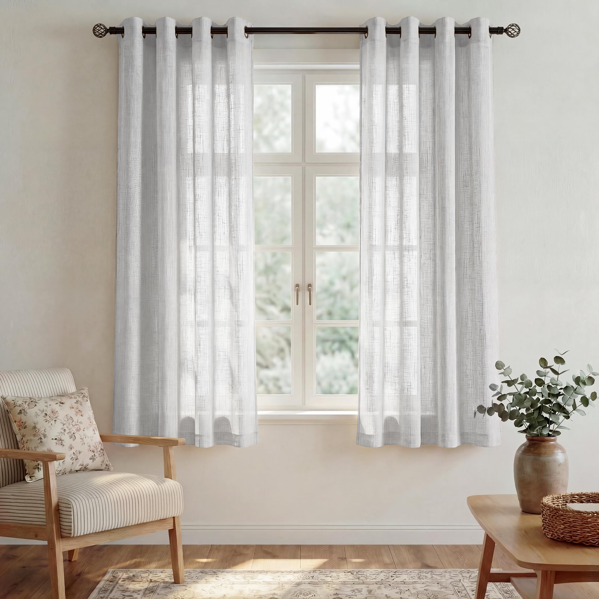 PONY DANCE Short Net Curtains – Window Decoration Curtain Panels with Cross Pattern, Pretty, Romantic and Elegant for Home Bedrooms – 132 x 137 cm (L x H), Light Grey, Pack of 2