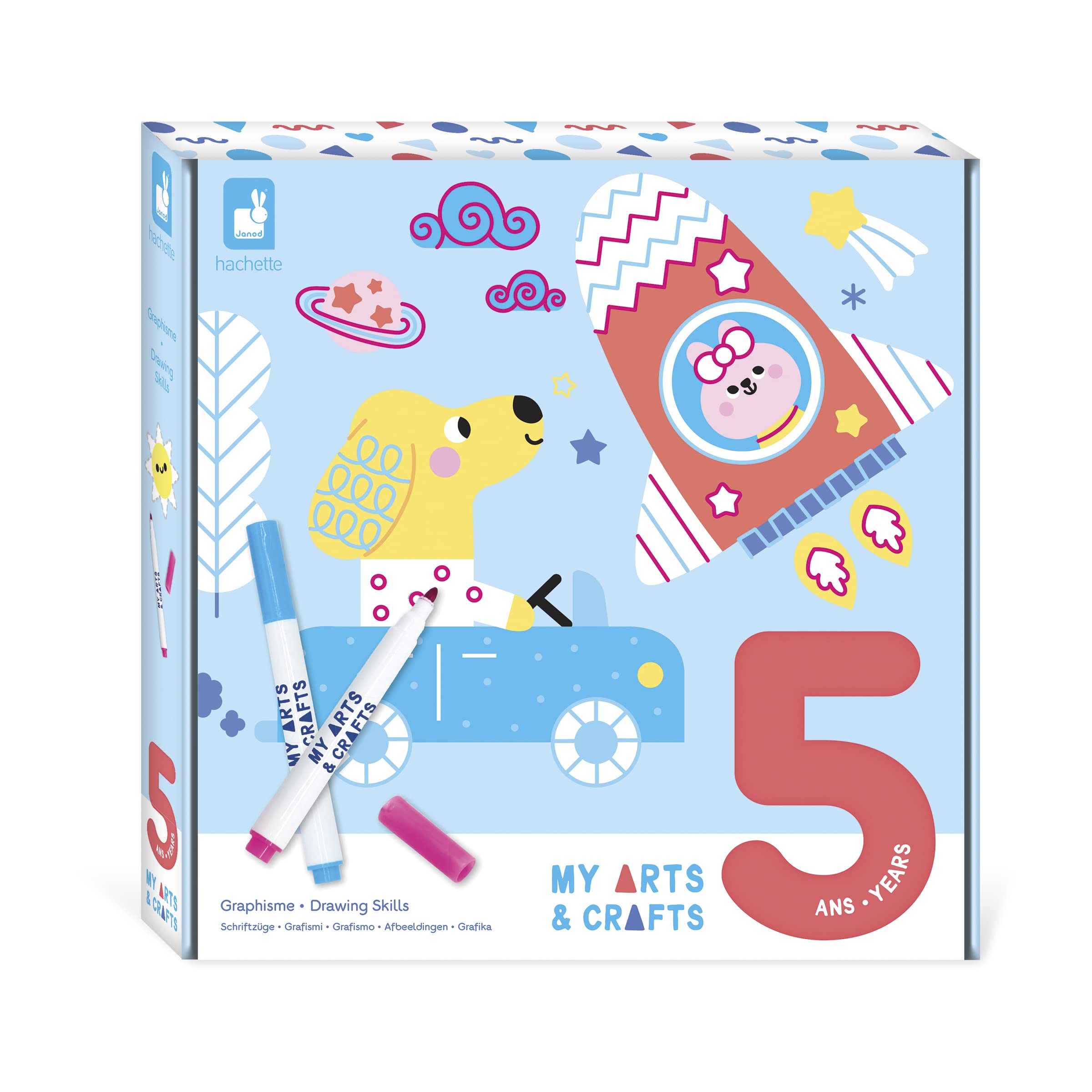 Janod - My Arts & Crafts - 5 Years - Sketching Set - 8 Illustrations + 2 Dry-Erase Markers - Children’s Arts & Crafts Kit - Fine Motor Skills & Concentration - J07745