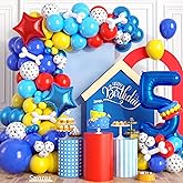 5th Birthday Decorations Boy, Dog Paw Fifth Birthday Balloons Arch with Red Blue Yellow Long Latex Balloons and Number 5 Balloon Star Foil Balloon for Paw Party Supplies