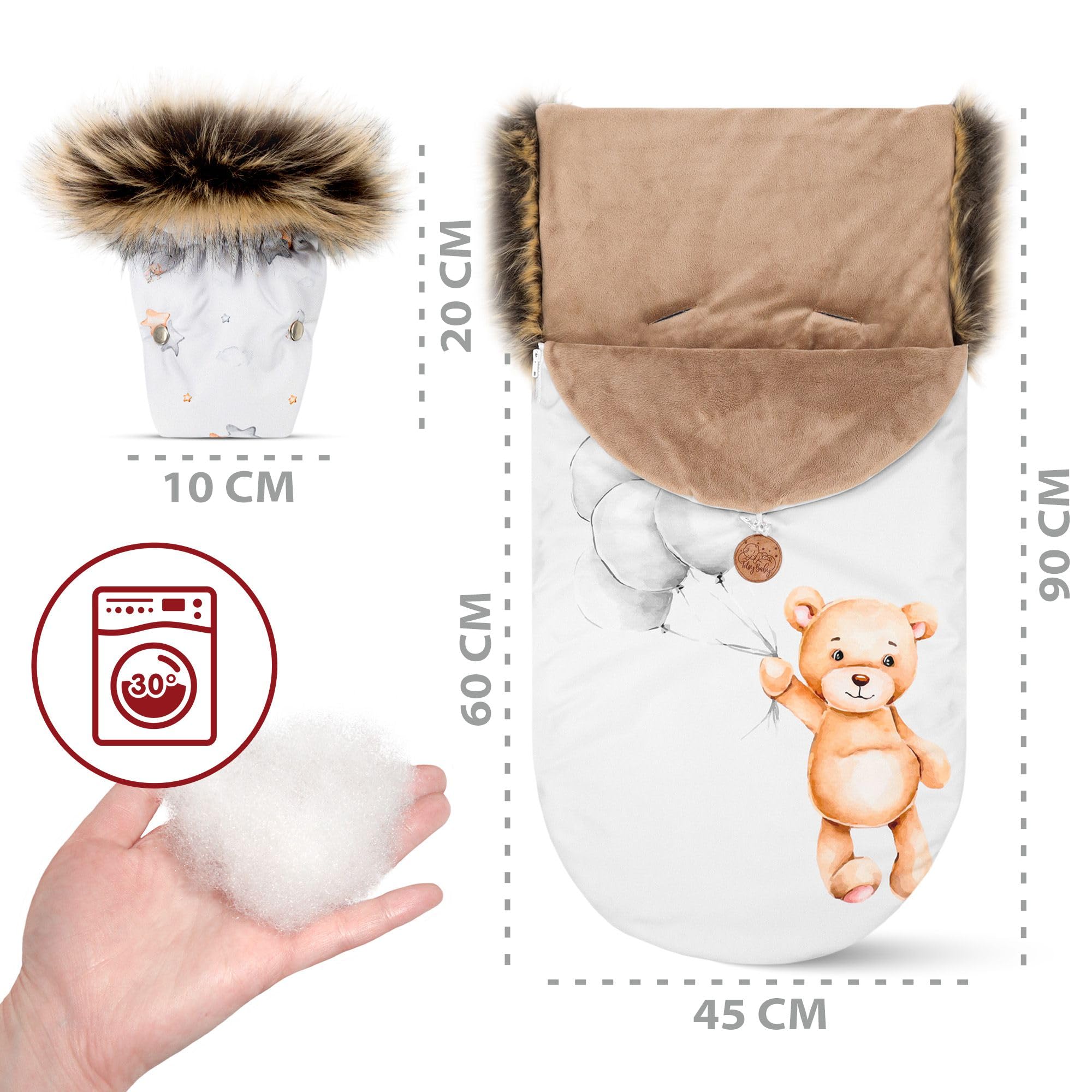 Fußsack Kinderwagen und Buggy für Winter Premium Set 90x45 cm - Fusssack Winterfußsack warme Einlage Einschlagdecke Baby Zubehör mit extra Handschuhen Teddybären 3