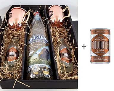 Moscow Mule Set/Geschenkset – Grasovka Büffelgras Vodka 1L (40% Vol) + 2x Goldberg Kupferbecher + 2x Goldberg Intense Ginger 