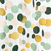 Sage Green Gold Beige Party Polka Dot Garlands Oilve Green Glitter Gold Hanging Paper Circle Dots Streamer for Baby Shower Birthday Wedding Engagement Retirement Boho Safari Party Decorations Supplies