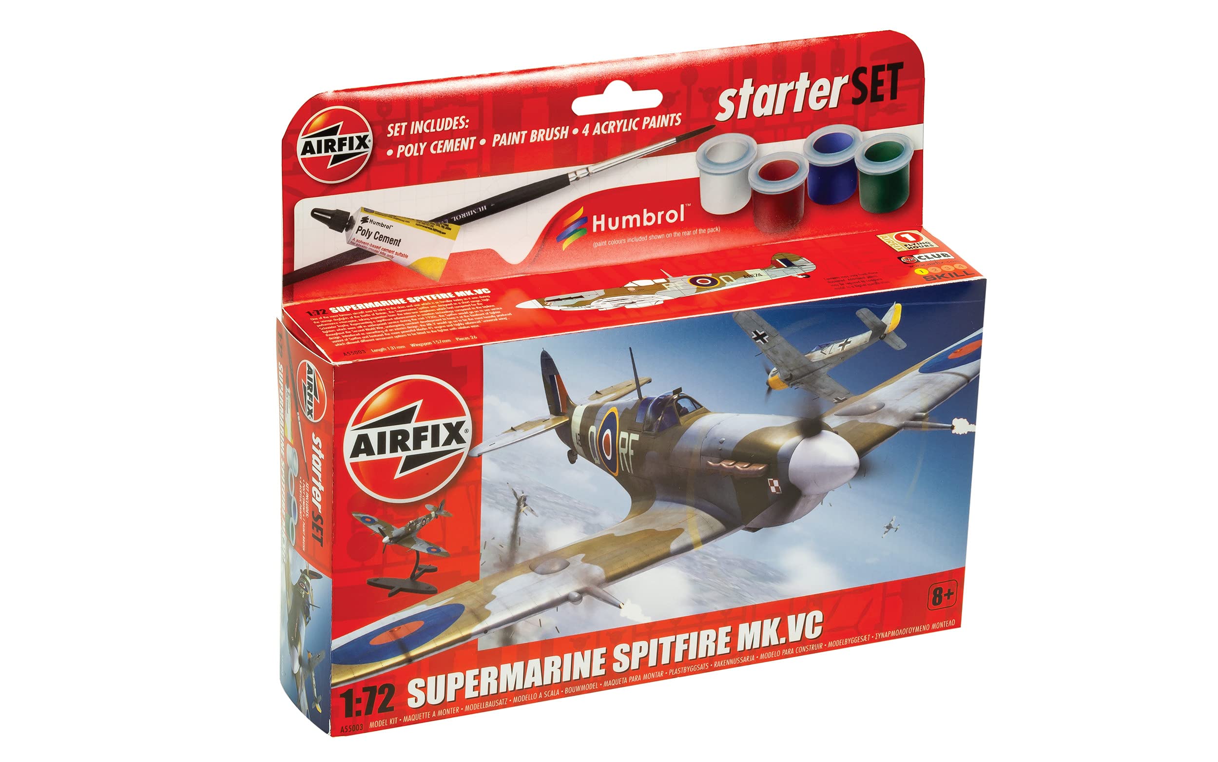 Airfix Starter Set - A55001 Supermarine Spitfire MkVc Model Building Kit - Plastic Model Plane Kits for Adults & Children 8+, Set Includes Decals, Paints, Brushes & Poly Cement - 1:72 Scale Model — image 1