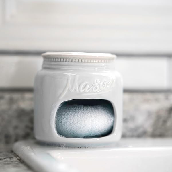 FARMHOUSE CANISTERS SETS FOR THE KITCHEN – MASON JAR CERAMIC KITCHEN UTENSIL HOLDER, SPOON REST, CUTE COOKIE JAR, SALT & PEPPER SHAKER SETS, SPONGE HOLDER, MEASURING CUPS & SPOONS (WHITE,17-PC BUNDLE)