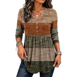 Zeagoo Women Blouses Long Sleeve Top Boho Henley Vneck Pleated Fall Tunic | Business Casual,Pleated Fashion Clothing,Dressy T